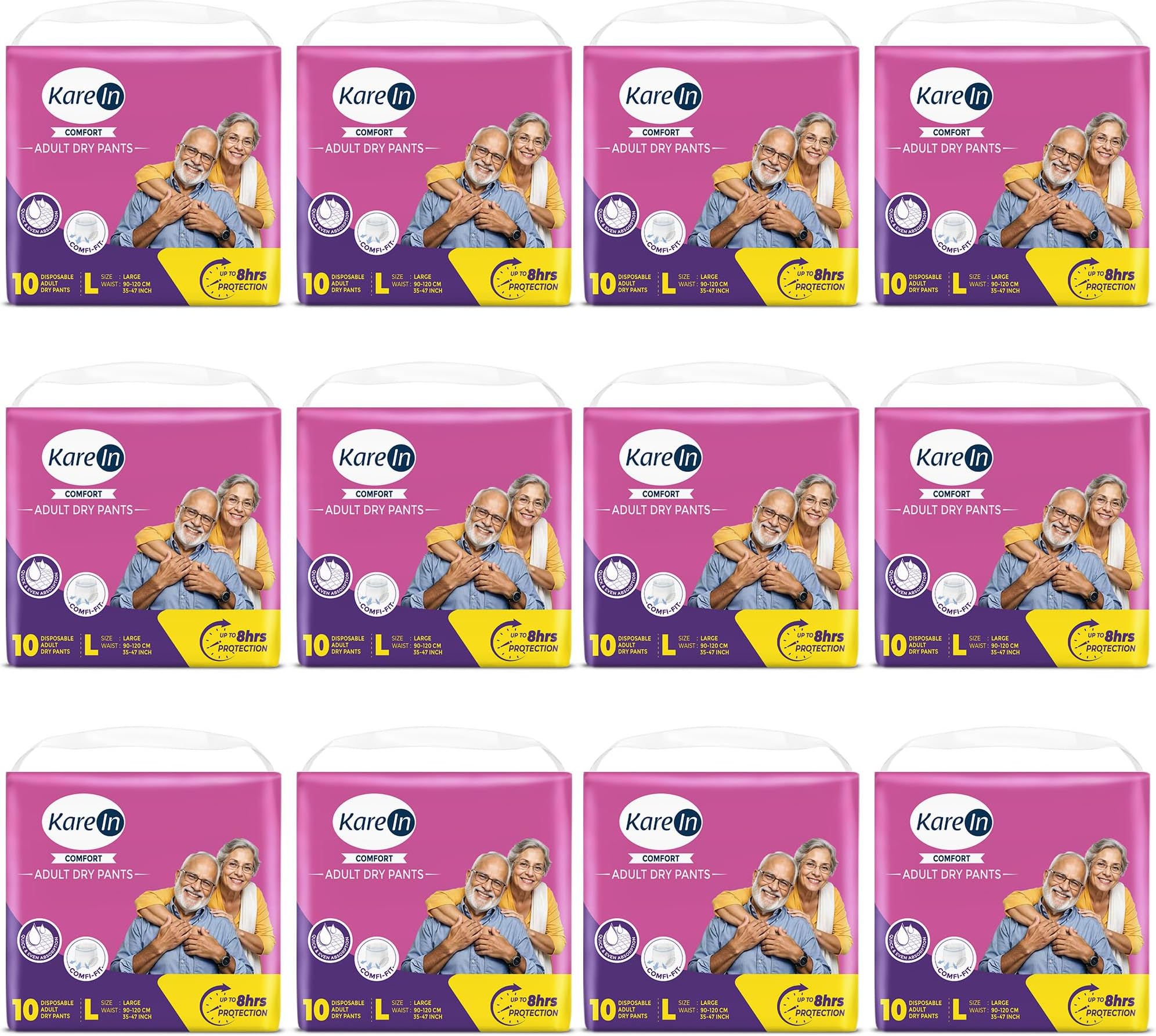 KareIn Comfort Adult Diaper Pants, Large 90-120 Cm (35"- 47"), Unisex, Leakproof, Elastic Waist, Wetness Indicator, Pack of 12, 120 Count