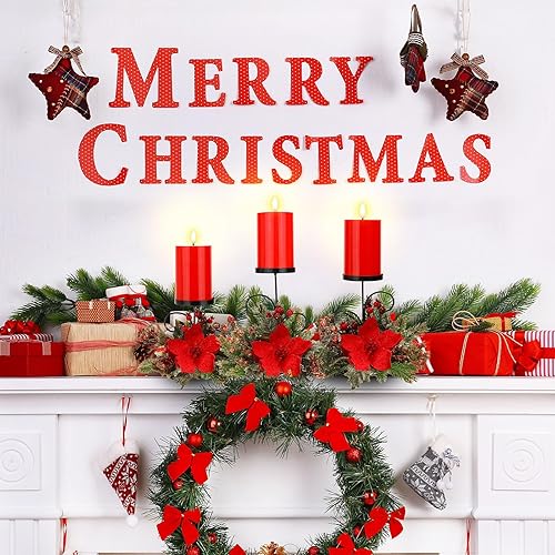 Miniatura 5 de Yunlly Juego de 3 candelabros de centro de mesa de Navidad con velas sin llama, candelabro adornado de flor de pascua para Navidad, fiesta familiar,