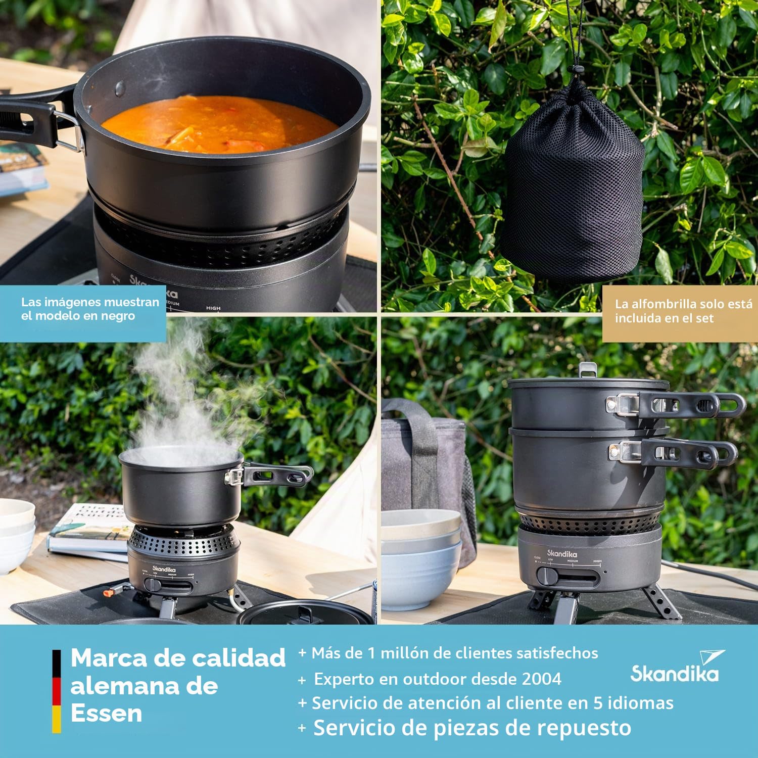 Skandika Hornillo de camping Rask | Hornillo híbrido para camping, 2 en 1, funciona con electricidad o gas, encendido piezoeléctrico, con utensilios de cocina (verde)