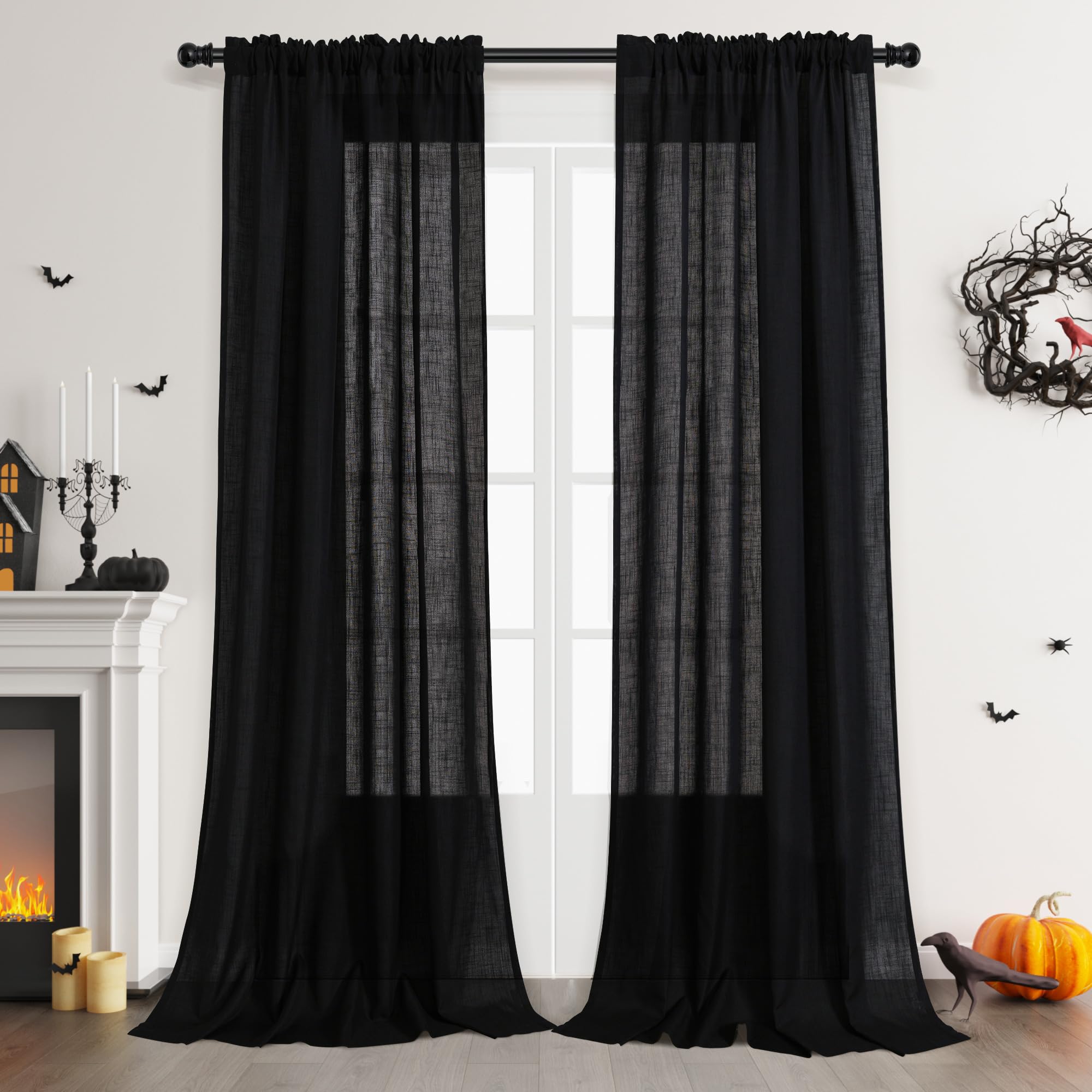 Linen Black Curtains 90 Inches Long for Bedroom 2 Panels Set Light Filtering Cotton Look Modern Gothic Decor Drapes Black Semi Sheer Curtains 90 Inch Length for Living Dining Room Sliding Door