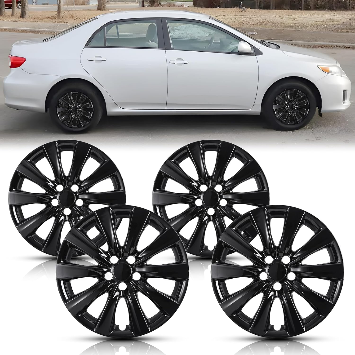 WolfX 16 Inch Hubcaps Set of 4 Wheel Rim Cover for Toyota Corolla 2009-2025 (Included for Toyota Matrix 2009-2014) (Only Fit for Steel Hub) ABS+PC Material Wheel Rim Hub Cap Replacement, Black Lacquer