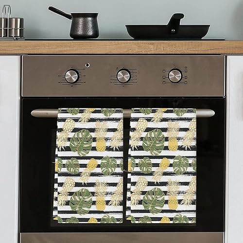 Miniatura 5 de Juego de 2 paños de cocina con plantas tropicales y frutas, toallas de mano con diseño de piña, hojas de Monstera, juego de 2 paños de secado