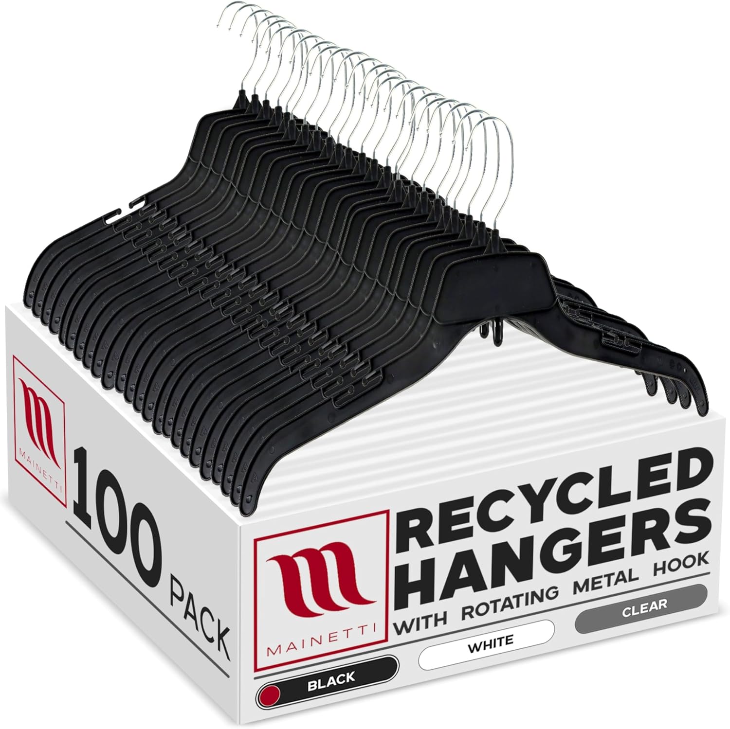 Mainetti Black Recycled Plastic Clothes Hangers 100 Pack | 17-Inch Space Saving Hangers with Rotating Metal Hook & Notches for Straps | Closet Hangers Ideal for Shirts, Tops and Dresses (484BRSEMN100)