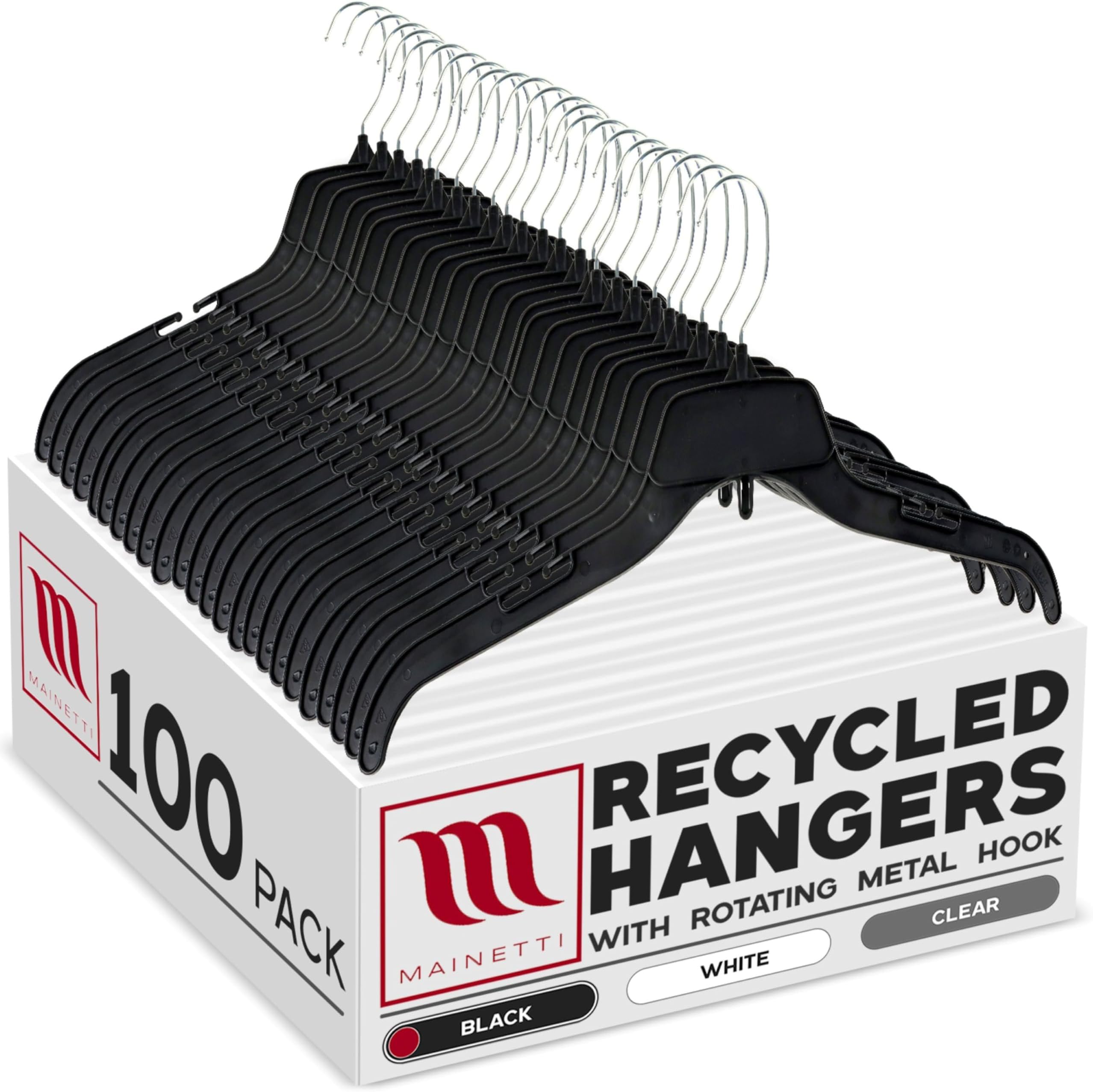 Mainetti Black Recycled Plastic Clothes Hangers 100 Pack | 17-Inch Space Saving Hangers with Rotating Metal Hook & Notches for Straps | Closet Hangers Ideal for Shirts, Tops and Dresses (484BRSEMN100)
