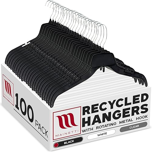 Mainetti 485 - Ganchos de plástico negro con garfio giratorio de metal y muescas para tirantes, ideal para camisas, tops y vestidos, miden 38 cm