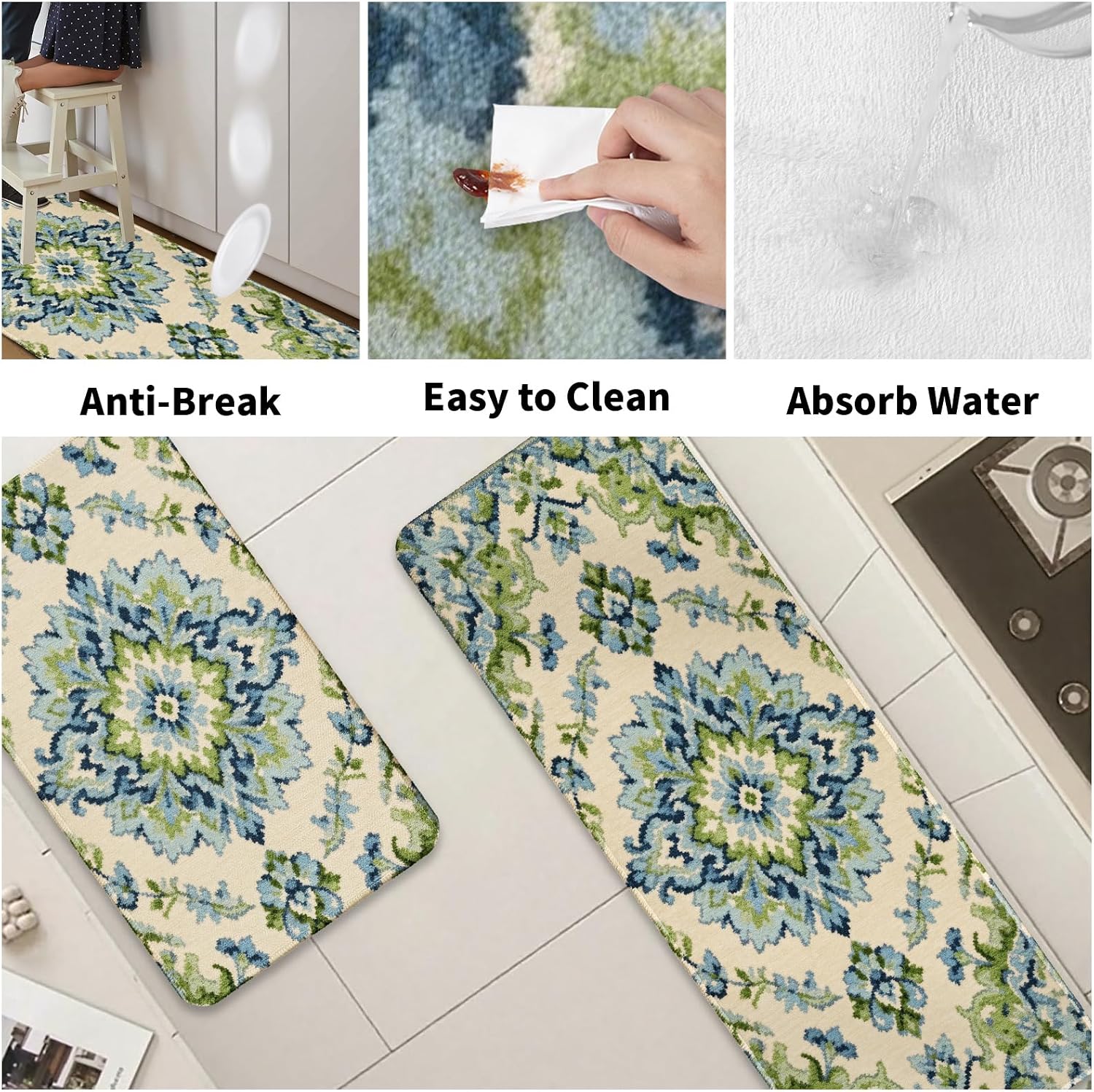 Vintage Boho Kitchen Mats for Floor Set of 2, Sage Green Blue Floral Carpet Pattern Kitchen Rugs,Non Slip Washable Absorbent Kitchen Runner Rugs Artistic Fresh Decor,17x30 and 17x47 Inch