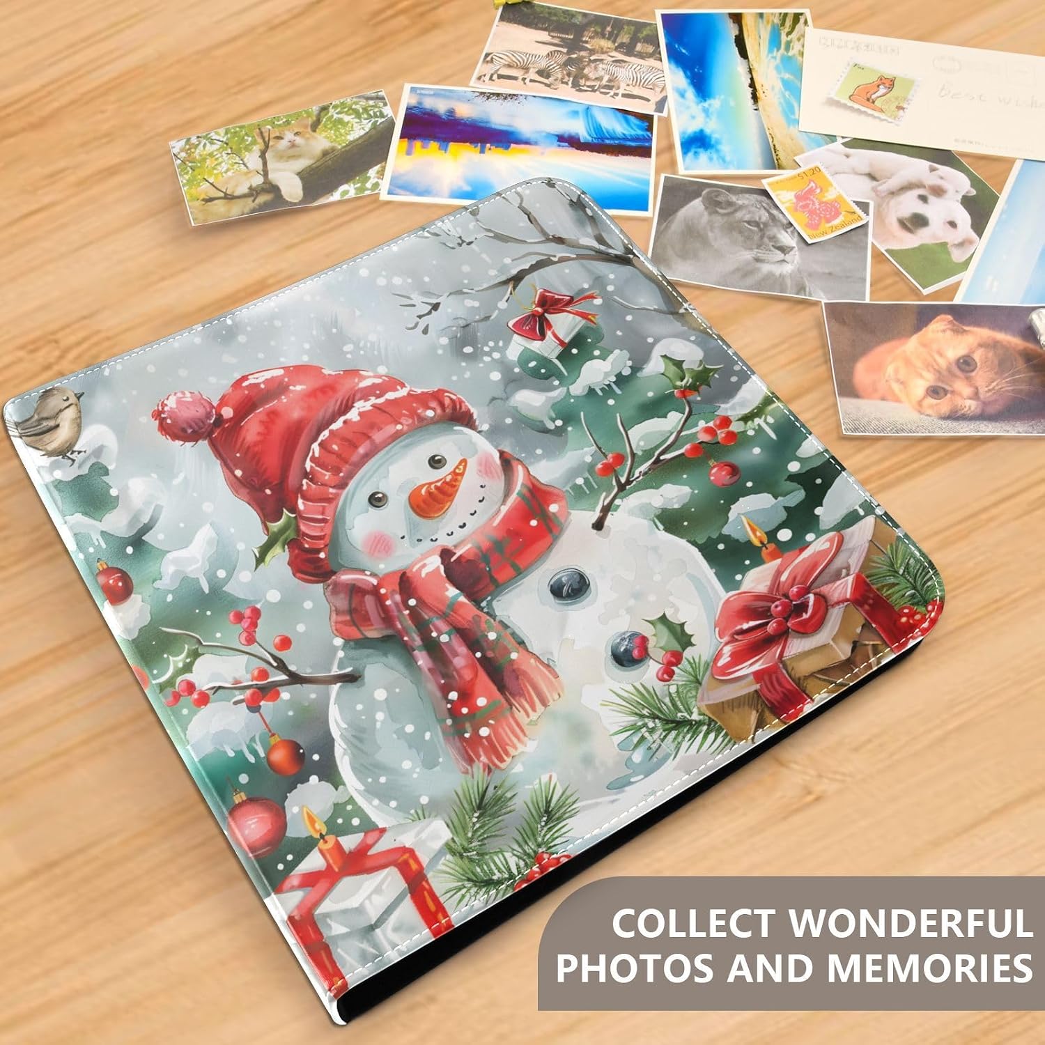 JIPONI Snowman Christmas Tree Gift Large Photo Album, DIY Leather Cover Scrapbook Albums for 4x6 5x7 6x8 Pictures, Self Adhesive Memory Book for Wedding, Baby, Family