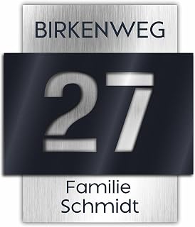 Premium Hausnummer | individuell anpassbar | Aluverbund silber gebürstet und Acrylglas Anthrazit Matt | 3D Effekt | Wetterfest - Made in Germany - H1009