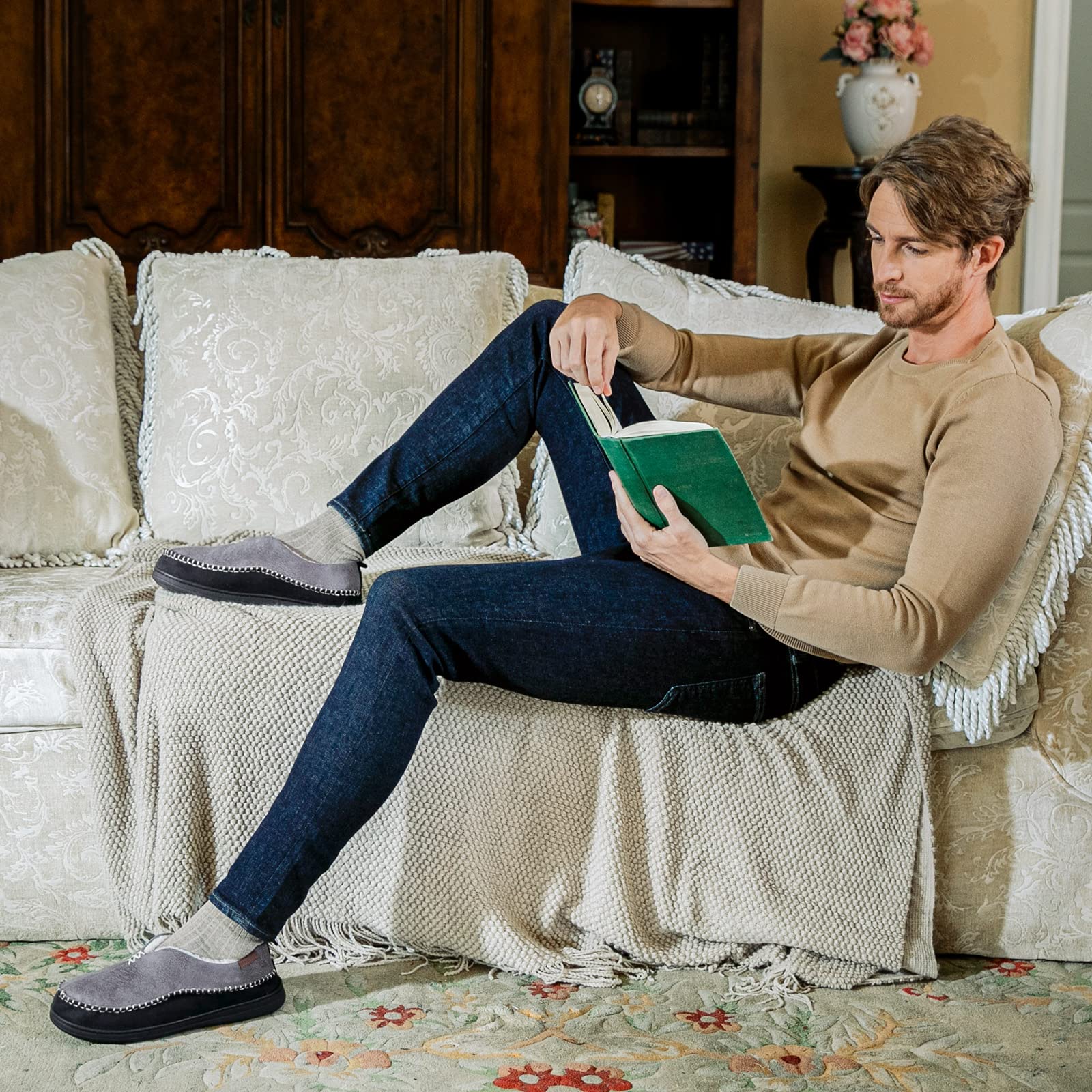 EverFoams - Pantofole Mocassino in Micro Suede Memory Foam con Fodera in Sherpa Fuzzy e Suola Antiscivolo per Uomo