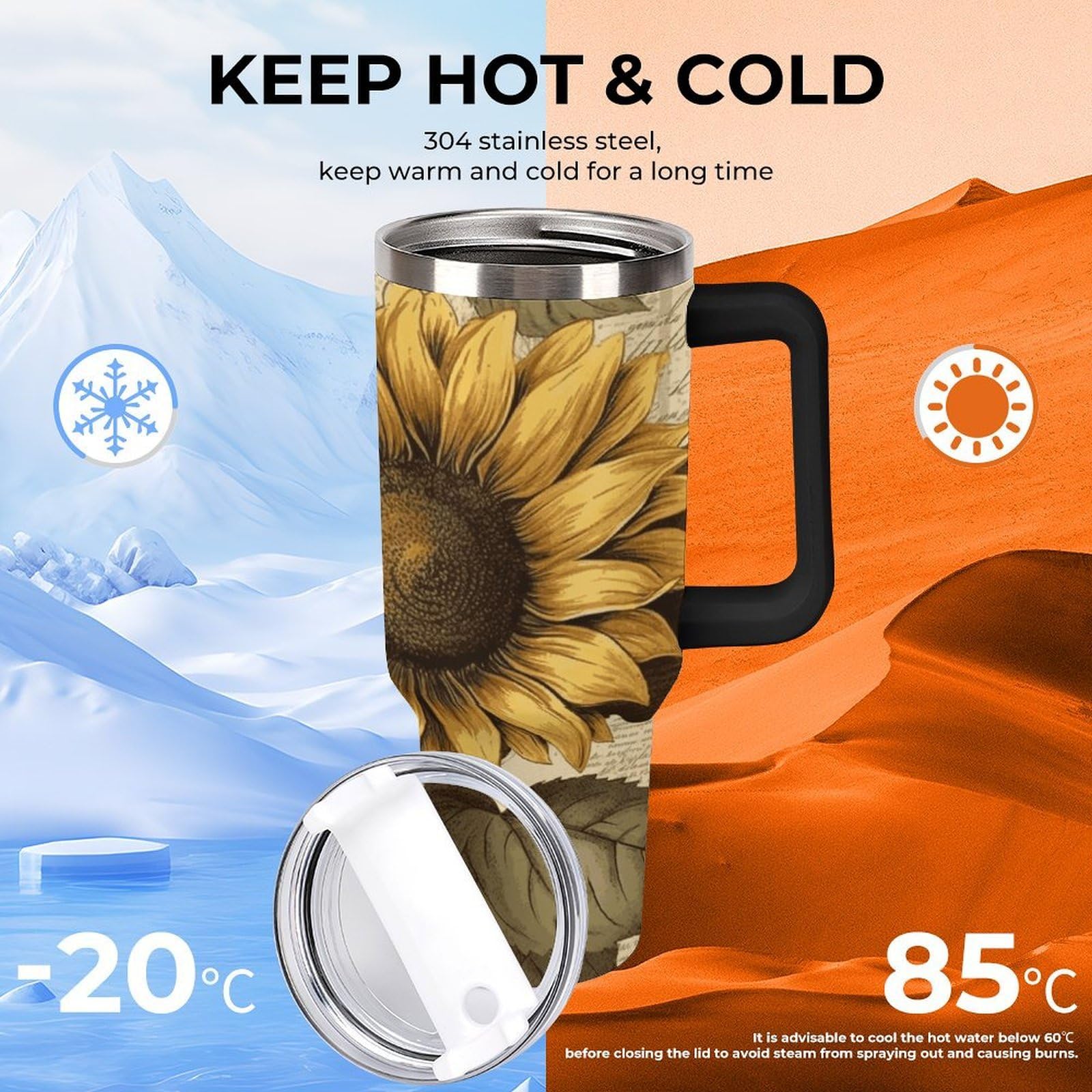 Retro-Sonnenblumen-Becher mit Strohhalm und Griff, doppelwandig, Vakuumisolierung, Wasserflaschen für Eiskaffee, Tee, heiße und kalte Getränke