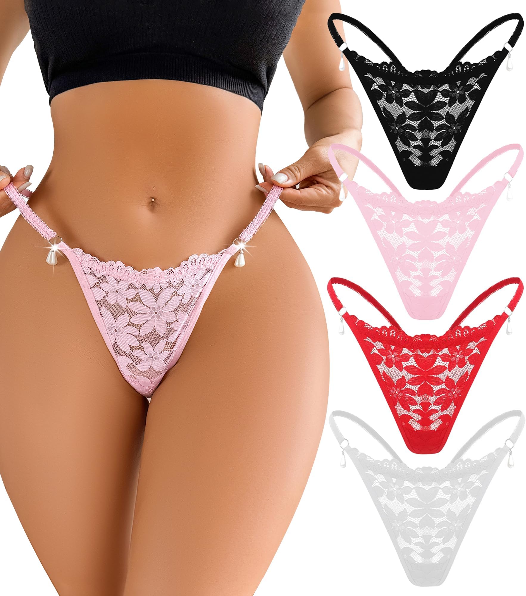 YIFVTFCKG-String Thongs for Women Sexy Lace T Back Underwear Low Rise No Show Cheeky Panties