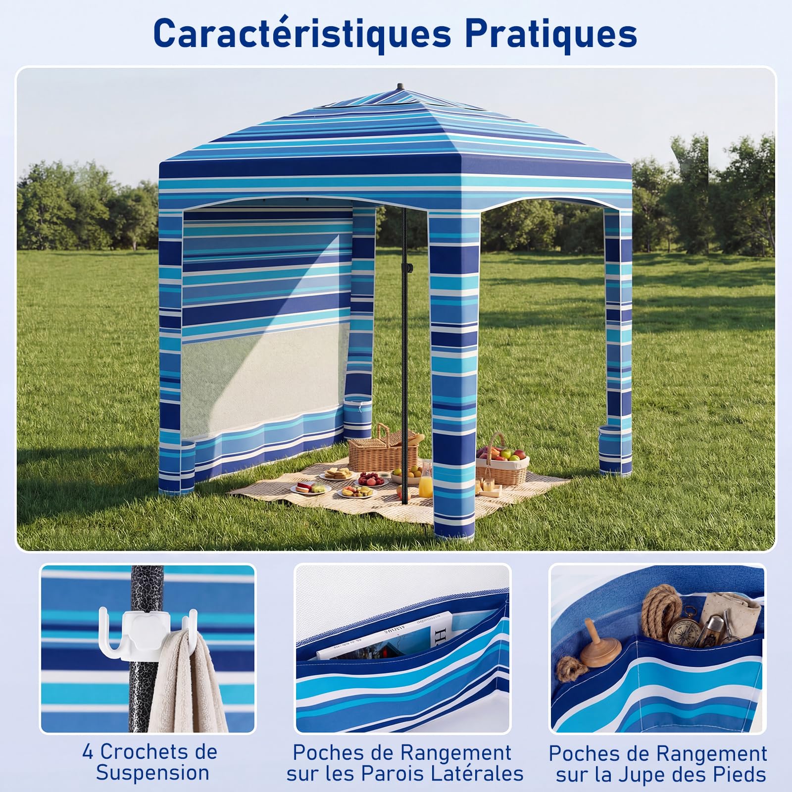 COSTWAY Tonnelle de Plage Pliable 185 x 185 cm, Abri de Plage avec Parois Latérale Amovible, Hauteur Réglable, Poches à Sable, Tente à Auvent Sac de Transport, Protection UV 50+, Bleu