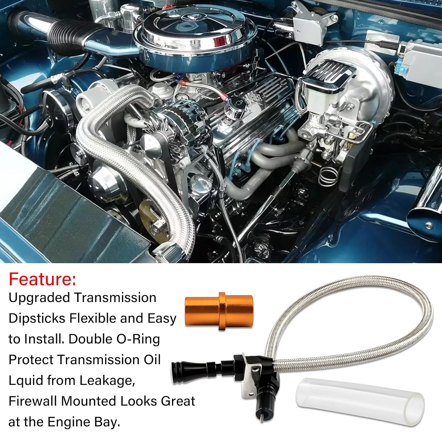 Flexible Transmission Dipstick Compatible with GM TH350 TH400 700R4 4L60E 4L80E, with Firewall Mounted Stainless Steel Braided Hose