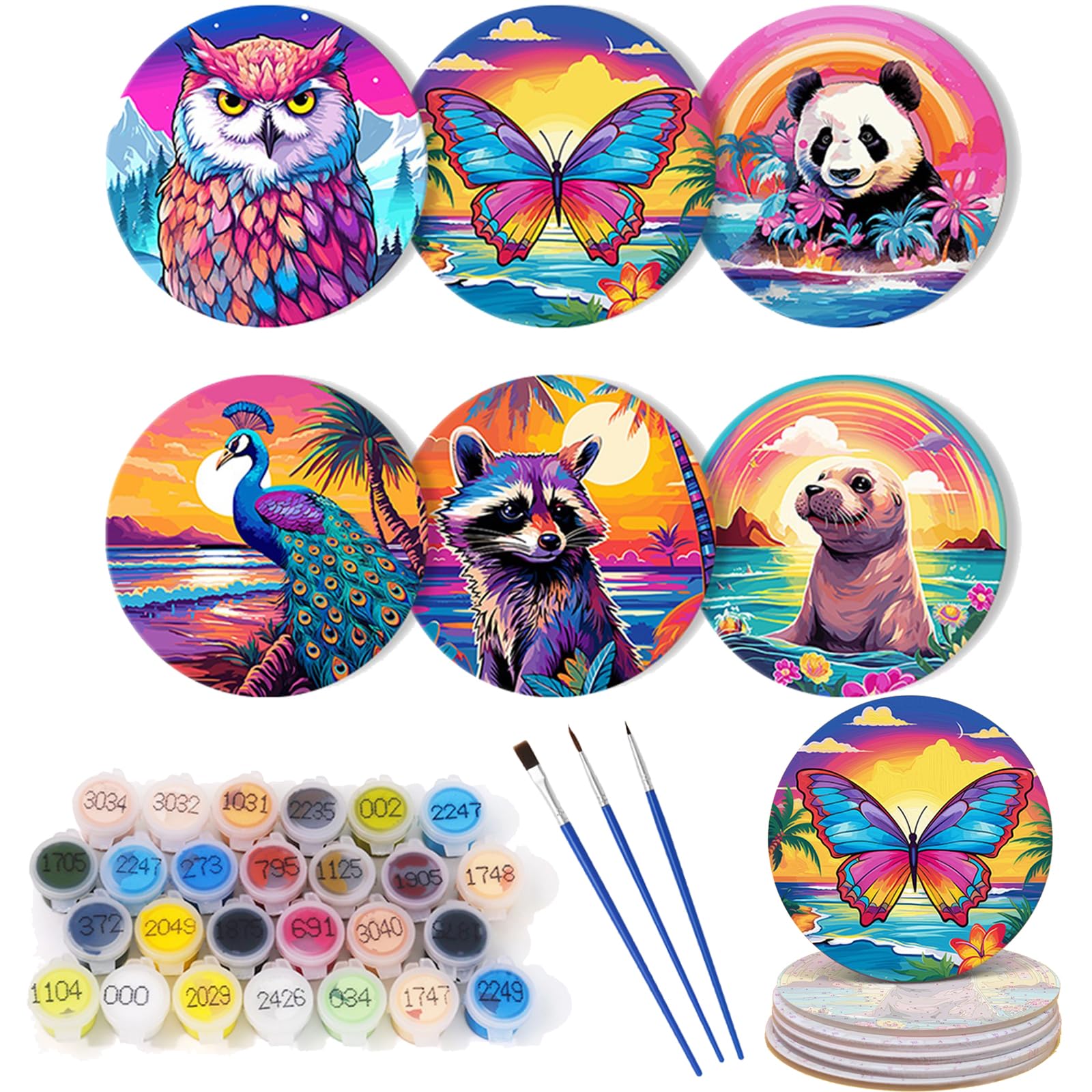 6 Pcs Paint by Numbers Coasters Kits with Holder, DIY Paint by Numbers Coasters for Adults Beginners, Coasters with Brushes Acrylic Paint, Paint by Numbers Kits Craft Supplies -06-Animals — image 1