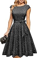 Dresstells Women's Sequin Cocktail Dress Midi - Sparkly Formal Wedding Guest, Modest Vintage Tea Party Evening Gown