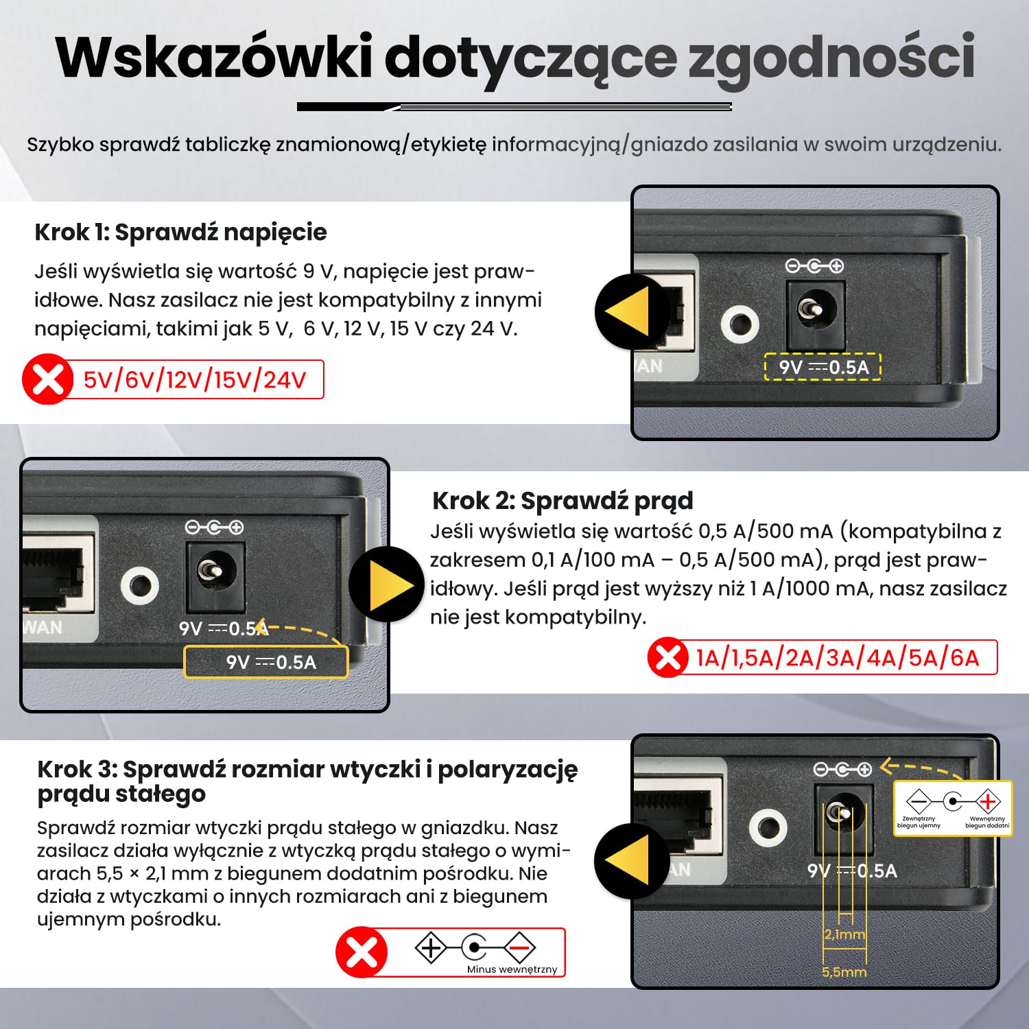 Adapter zasilacza 9 V 0,5 A 4,5 W 1,8 m, adapter przełączający AC-DC (wejście 100 – 240 V, wyjście 9 V 0,5 A), DC 9 V 5,5 x 2,1 mm, wtyczka transformatorowa do montażu na ścianie