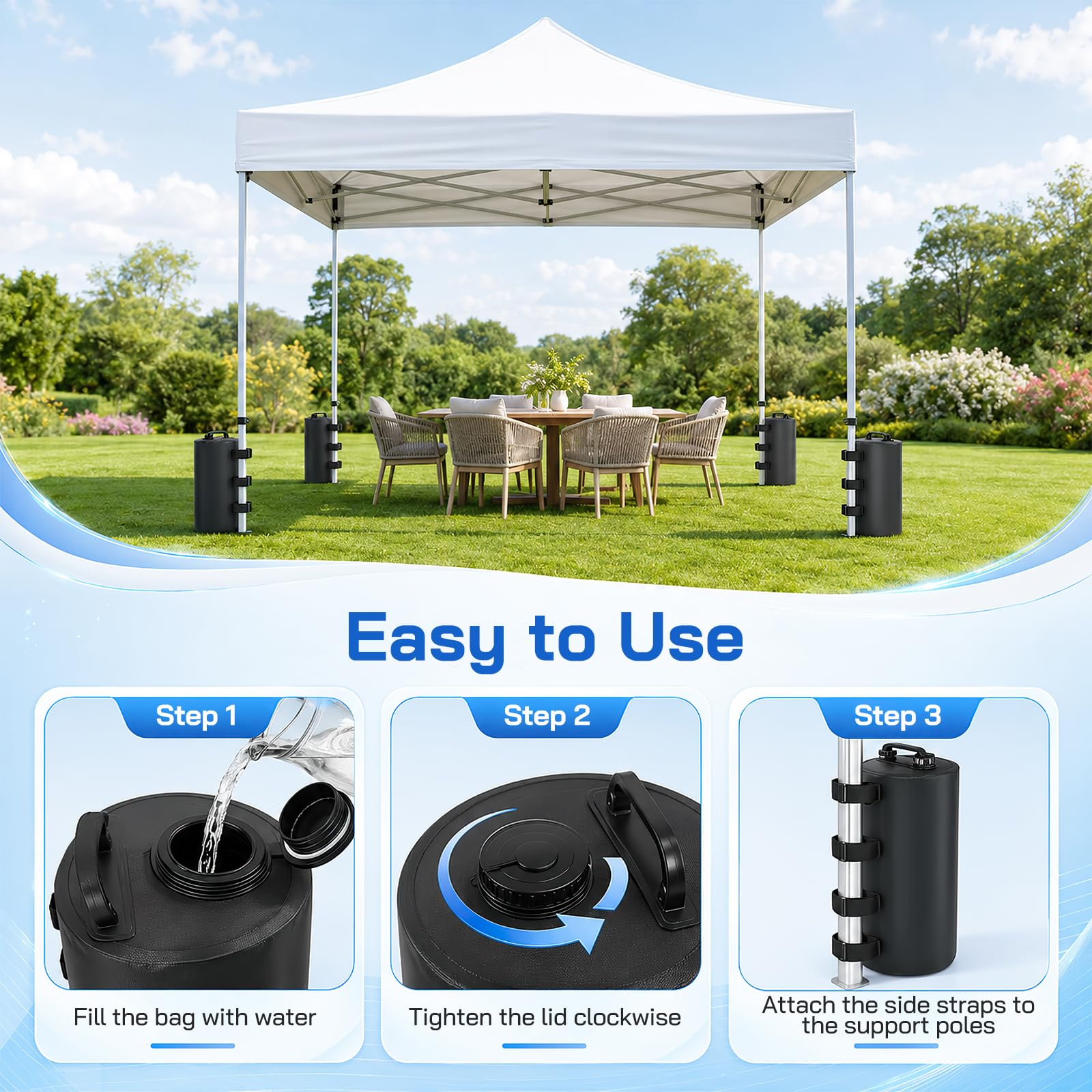 4PCS Pesi per Gazebo, 20L Sacchi di Zavorra ad Acqua in PVC 500D per Tende Zavorre ad Acqua Portatili per Gazebo Pieghevoli con 4 Cinghie Sacchi Sabbia per Gambe Gazebo e Tende Giardino