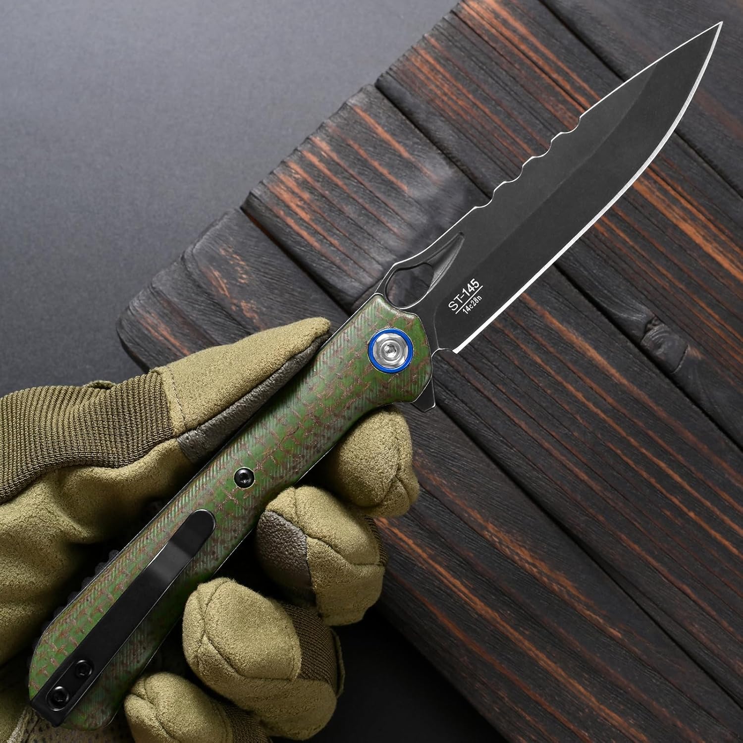 Sitivien ST145 Folding Pocket Knife,Black Stonewashed 14C28N Steel Blade,Micarta Handle EDC Tool Knife for Outdoor Survival,Camping,Hiking,Hunting(Green) …