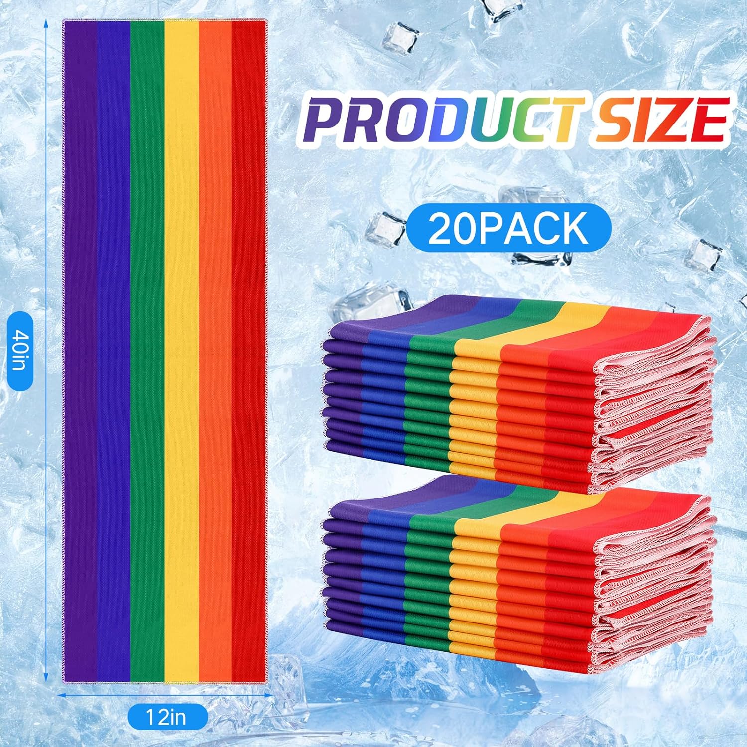 Coume 20 Pcs Rainbow Cooling Towel Bulk for Neck and Face 40 x 12 Inch Double Layer Microfiber Soft Breathable Sports Towels for Gay Lagbt Pride Month Decor, Moisture Wicking Cold