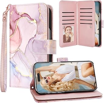 Fingic for iPhone 15 Pro Case,iPhone 15 Pro Wallet Case for Women Girls[with 9 Card Holders] Marble Rose Gold PU Leather Detachable Wrist Strap Full Body Phone Case for Apple iPhone 15 Pro 5G,6.1"2023