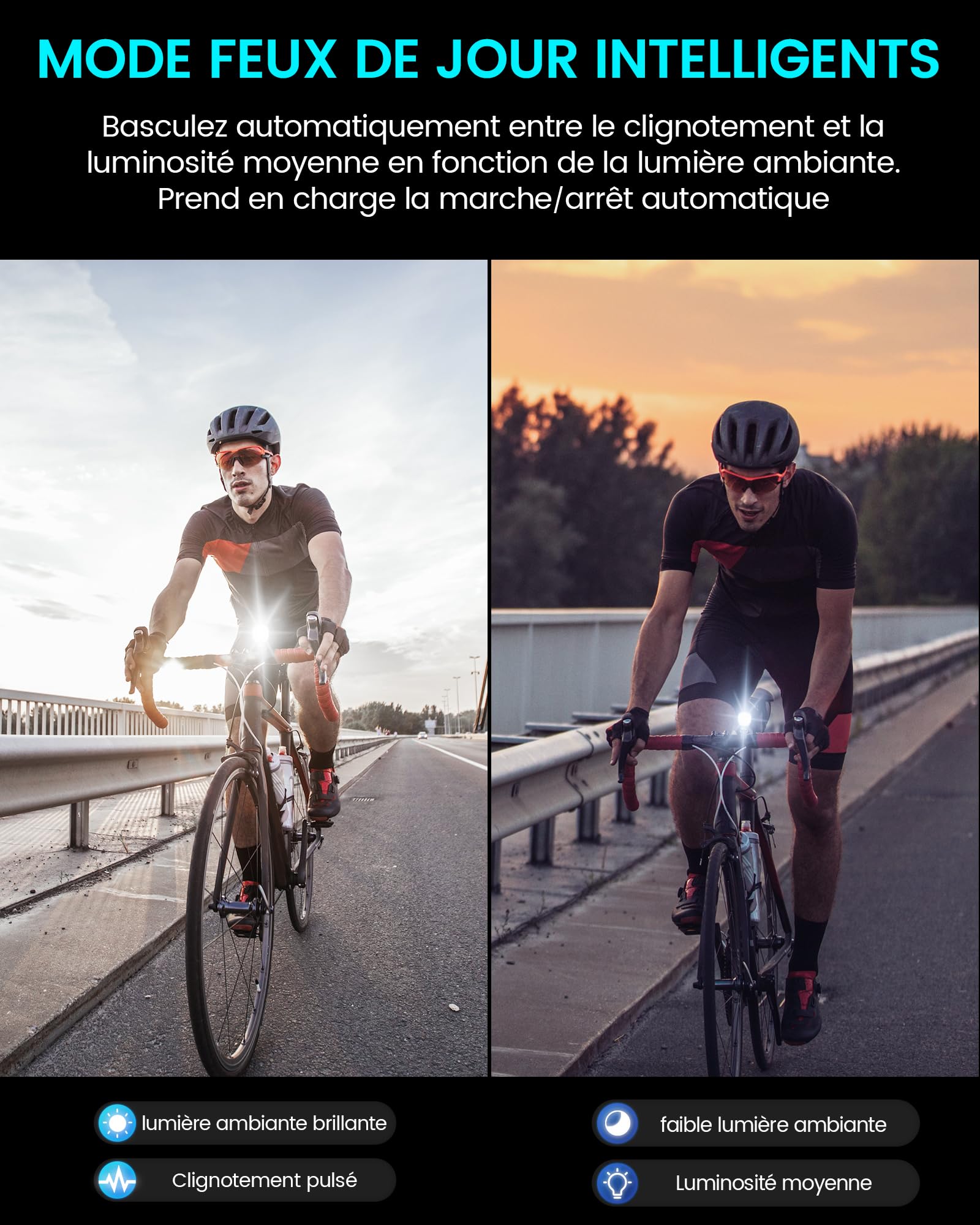 RAVEMEN 1800 Lumens Intelligente Phare Avant pour Vélo, K1800 Mode de Conduite Intelligent de Nuit et de Jour, Chargement et Déchargement USB-C IPX7