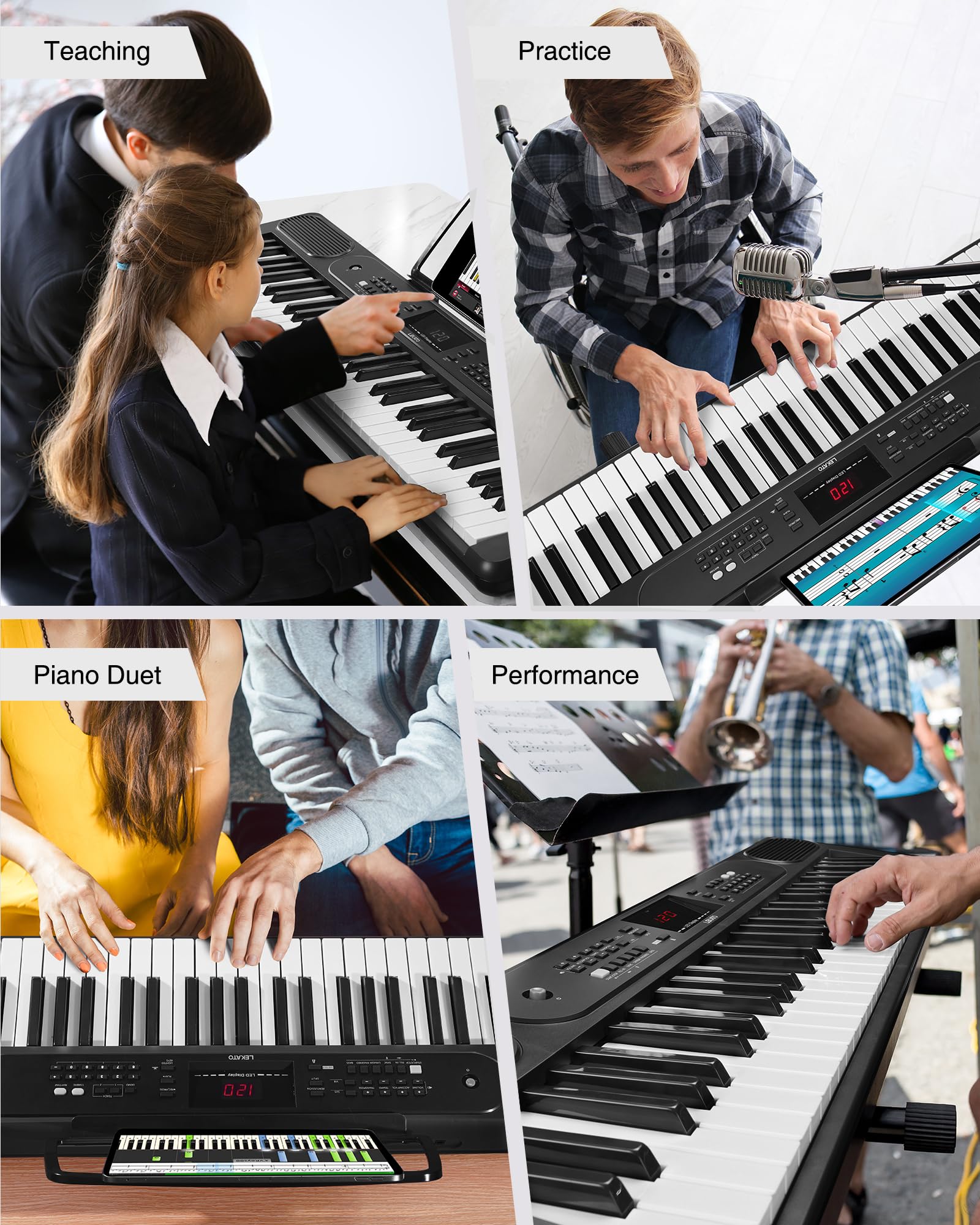 LEKATO Piano à clavier 61 touches, clavier électronique pour débutants avec touches éclairées et écran LED, deux haut-parleurs intégrés, modes d'apprentissage, pupitre, noir