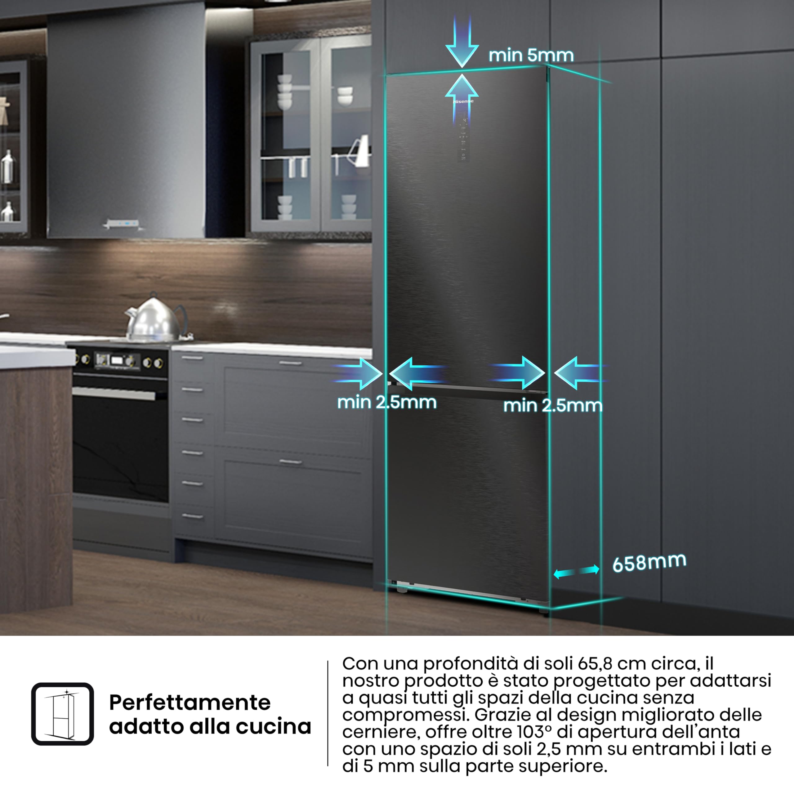 Hisense RB5P410SBFC Frigorifero Combinato Total No Frost, Nero Inox, 203x65,8cm, Classe C, 413L, large capacity, wifi, metal tech cooling, porta reversibile