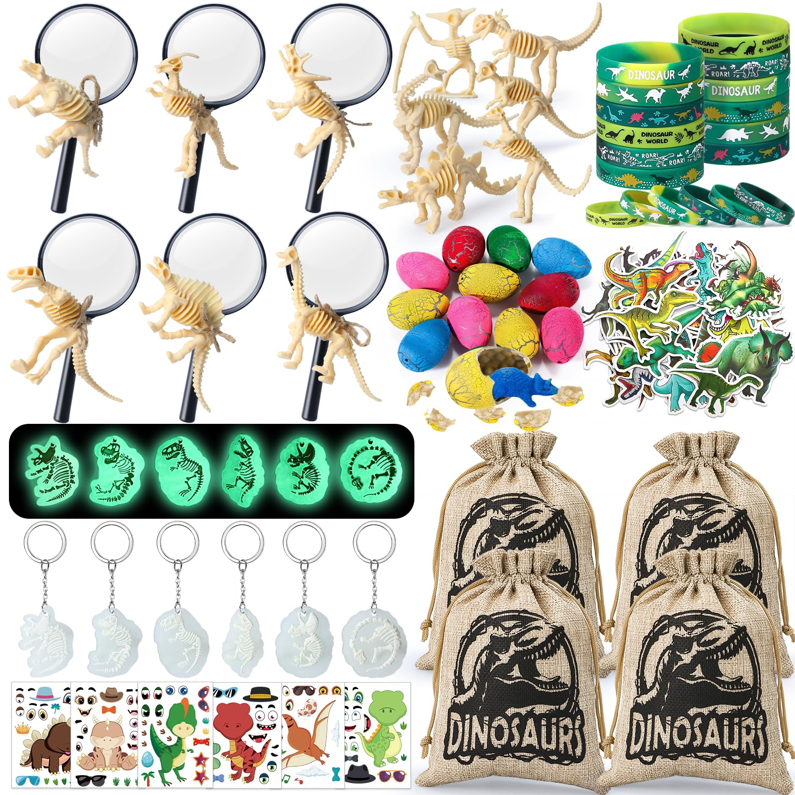 SNLN Dinosaurier-Partygeschenke für Kindergeburtstag, Lupe, leuchtender Schlüsselanhänger, Dino-Ei, Aufkleber, Dinosaurier-Partyzubehör mit Skelett-Spielzeug, Silikon-Armband und Geschenktüte
