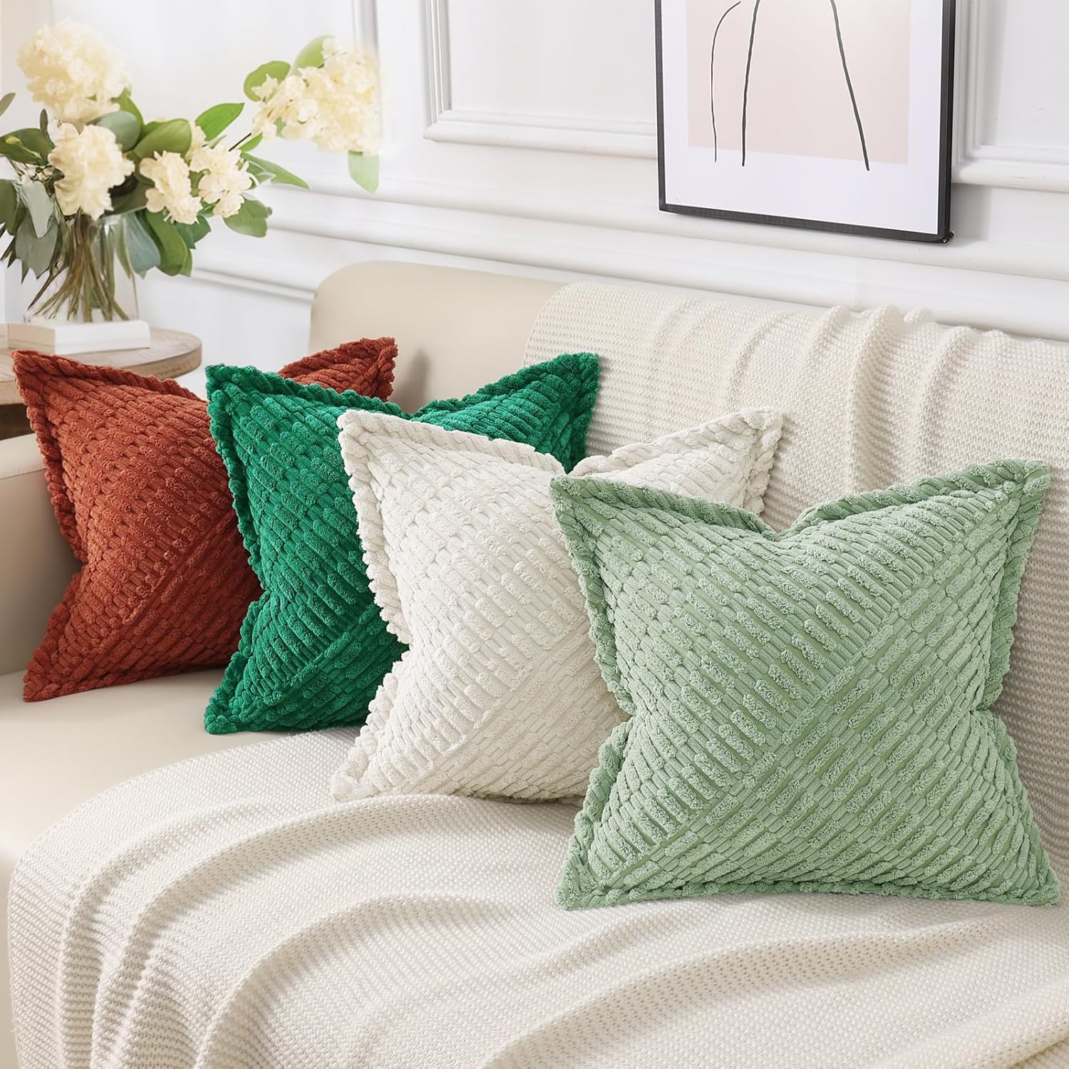 decorUhome Decorative Cream White Throw Pillow Covers 20x20 Set of 2 with Splicing, Boho Soft Corduroy Broadside Twill Spring Pillow Covers for Couch Bed Sofa Living Room - Image 5