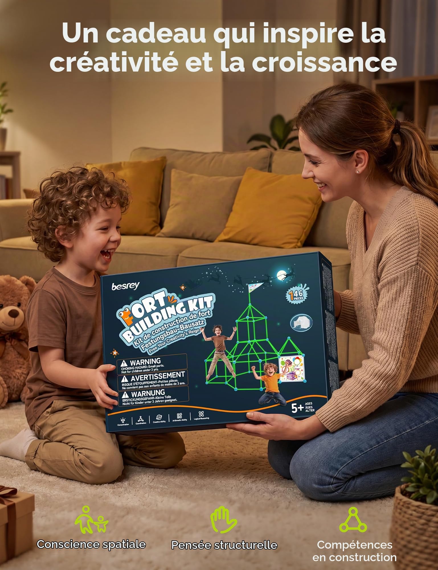 besrey 144 Pcs Kit de Construction de Cabane Enfant avec Jeu de Lancer, Brillent dans Le Noir-Jeux de Construction Interieur Extérieur, Châteaux, Tente Enfant, Tunnel de Jeu, Creative Fort