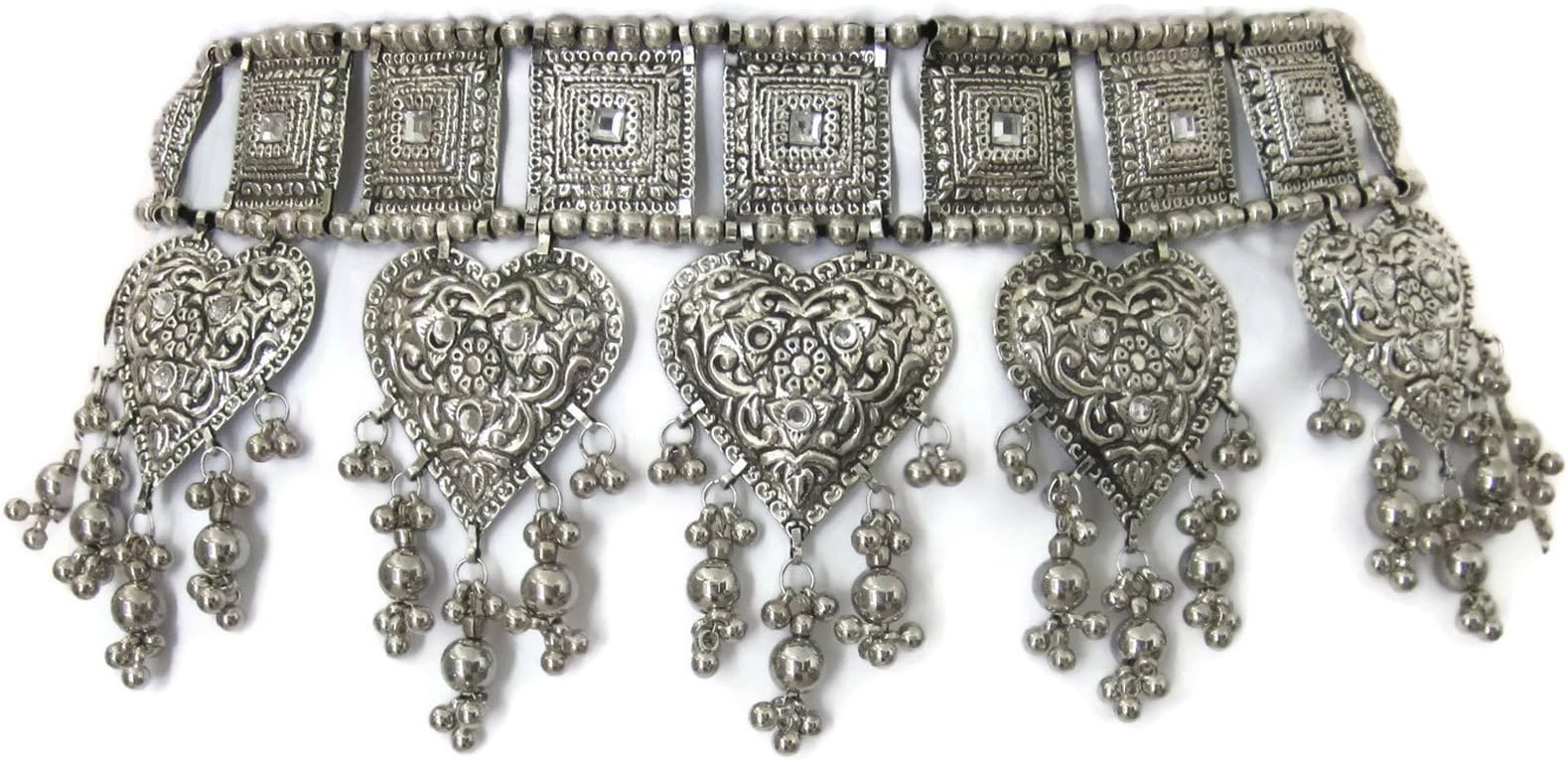 Womens Belt Handcrafted Brass Heart Sqaure Embossed Medallions Plated Silver Vintage Oxidised Finish | Gypsy Hippie Boho Wedding Belly Dance Jewelry Novelty Accessory | One Size with Ties Fits All
