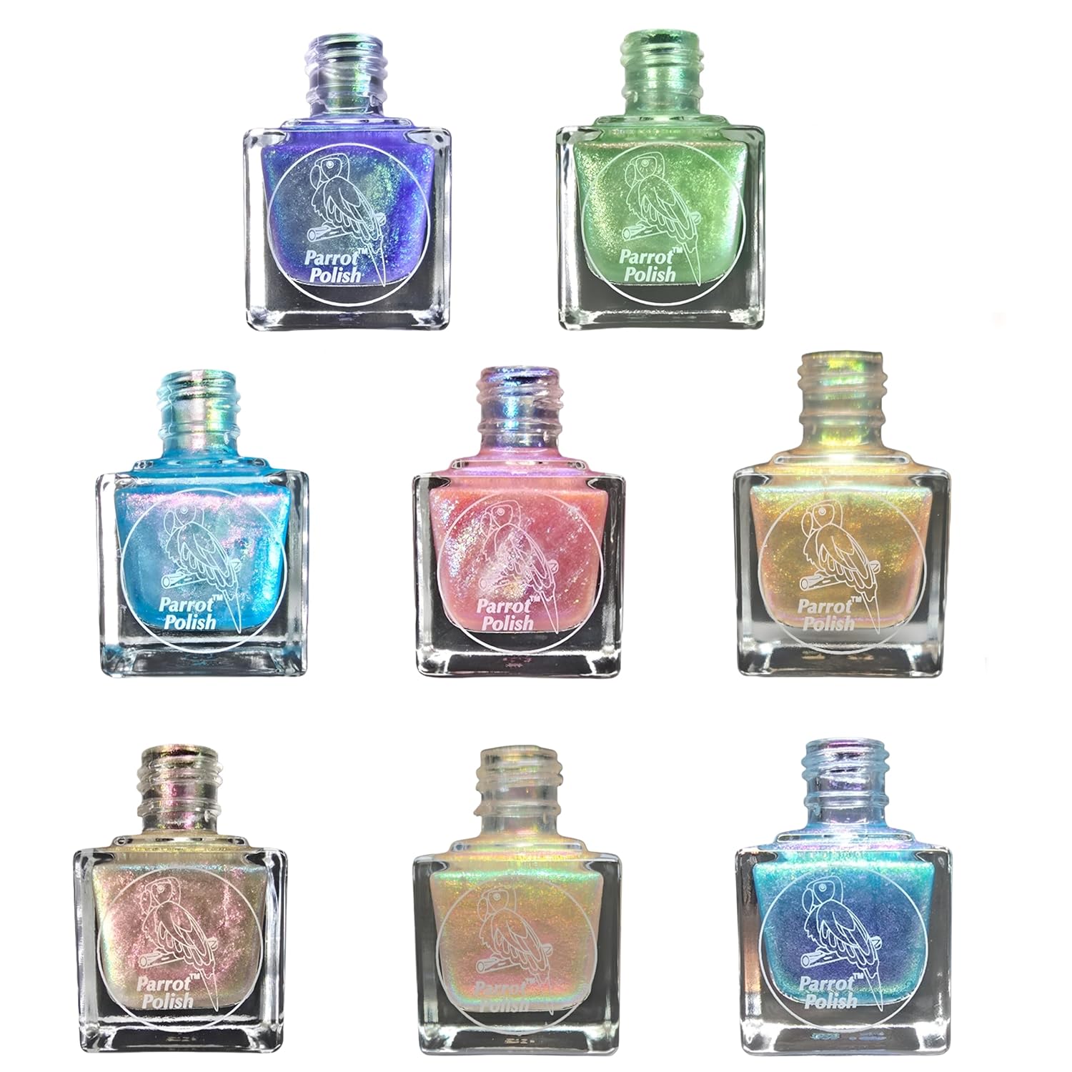 Parrot Polish Pastel Ultrachrome Nail Polish Collection, Quick Dry Holographic Color Lacquer, Long Lasting Shimmering Enamel, Mermaid Baby Set of 8 Polishes