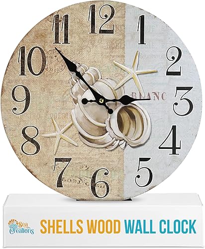 Miniatura 1 de Reloj de pared de madera de estrella de mar de concha decorativo de 13 pulgadas para decoración temática de playa para cocina, baño, oficina,