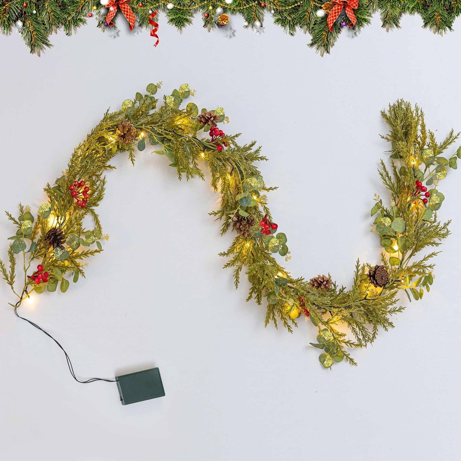 Ethlomoer 6.6FT Pre-lit Christmas Garland with 20 LED Lights, Battery Operated, Lighted Garland with Pine Eucalyptus Gold accents for Mantle Stairs Wall, Indoor&Outdoor, Greenery Garland for Christmas