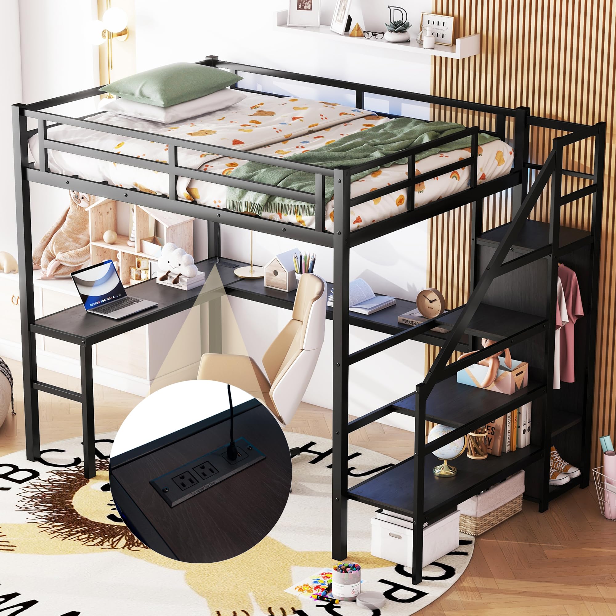Photo 1 of * Missing Parts* Full Size Loft Bed with Desk and Storage Stairs, LED Loft Bed with Wardrobe, USB Port, Outlets and Adjustable Shelf, Metal Loft Bed for Kids, Teens, Adults, Full Loft Bed Frame Black