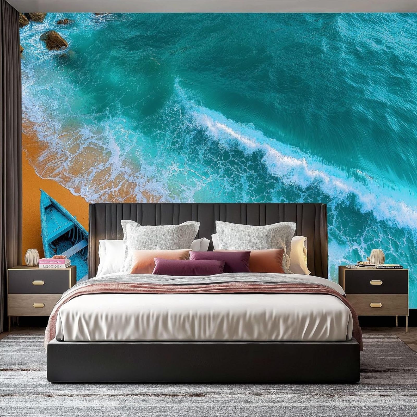 Non-woven photo wallpaper, dreamy ocean 3D effect, beach mural with small boat - blue, modern decoration for living room, bedroom, office, 250cm x 175cm, stickers - frameless painting - poster
