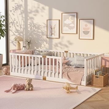 Twin Size Montessori Floor Bed with High Rails and Slats, Solid Wood Floor Bed Frame with Fence,Twin Low Wooden Kids Beds with Guardrails for Boys Girls,No Box Spring Needed, White