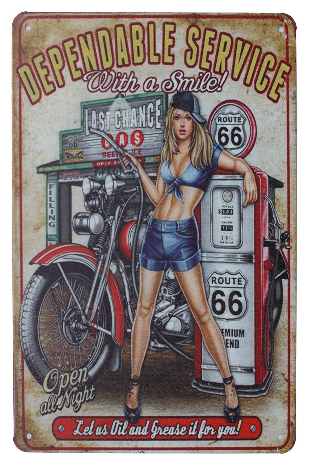 Hioni Girls Dependable Service Last Change Gas Motorcycle Pin-Up Metal Tin Sign, Vintage Plaque Art Poster Wall Decor