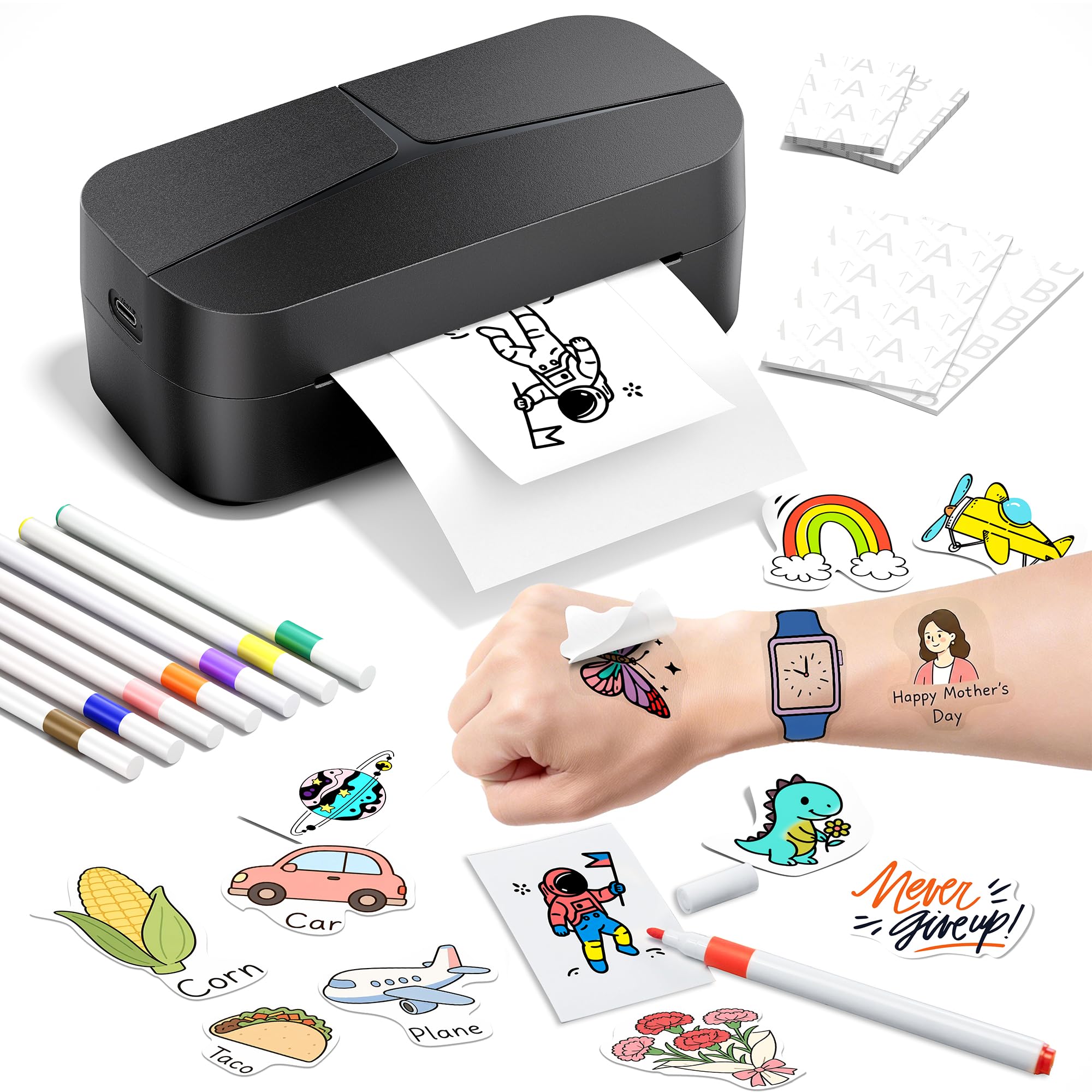 Phomemo TK32 Stampante Tatuaggi Temporanei per Bambini, Tattoo Maker Crea Tatuaggi Temporanei Personalizzati, kit tatuaggi con 50 Fogli & 8 Pennelli, Gioco Creativo Bambina & Bambino di 6 7 8+ Anni