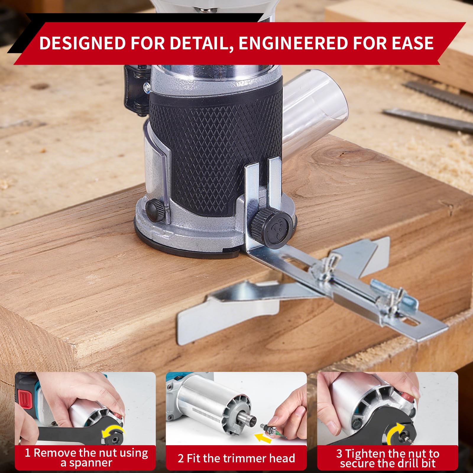 ONEVAN Akku Oberfräse mit Display, Kabellose Kantenfräse 6 Stufen Regelung, 30mm Frästiefe, 3 Spannzangen(6/6,35/8 mm), 2×3.0 Akkus, Bürstenloser Einhandfräse Elektro Holztrimmer Tools für Holz