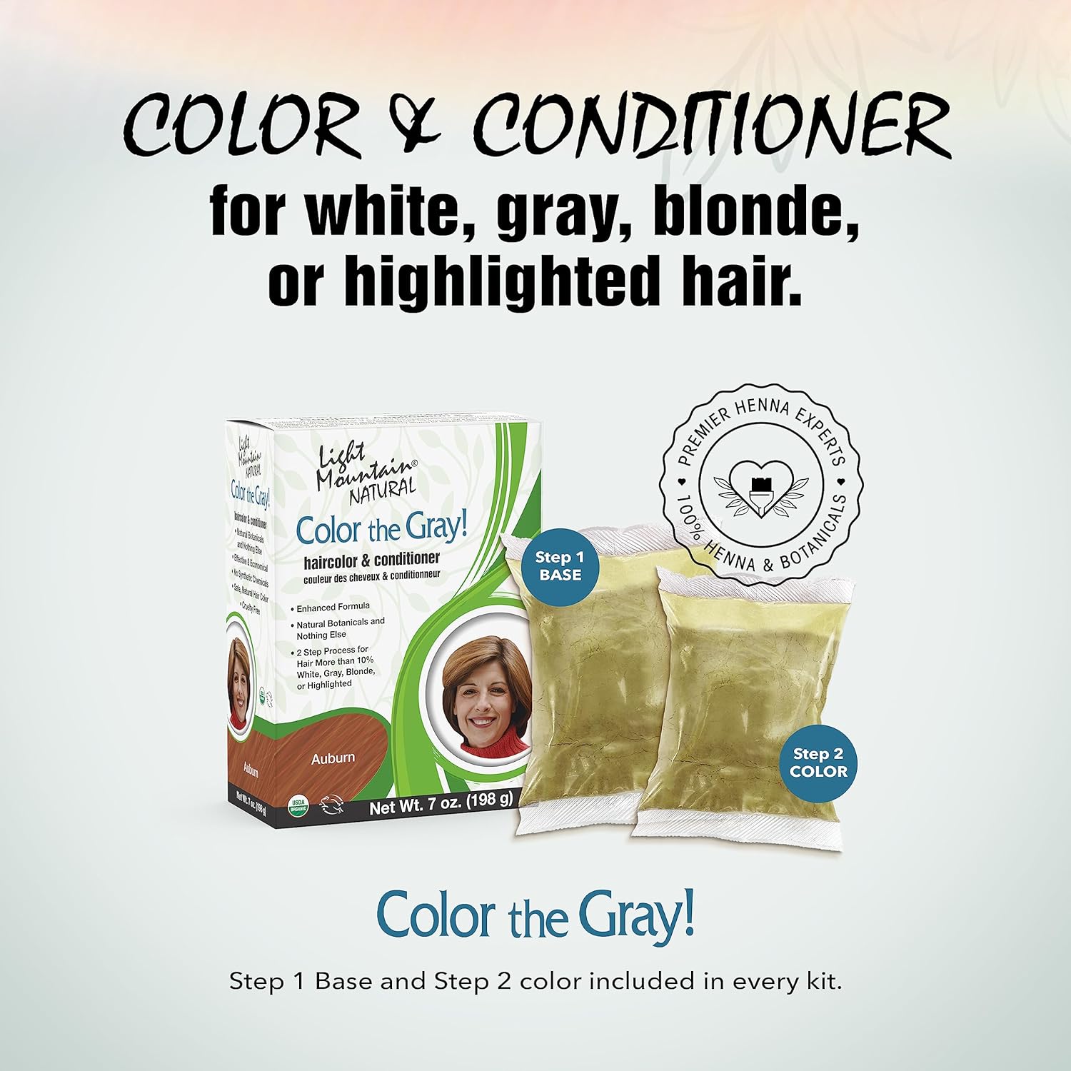 Light Mountain Henna Hair Color & Conditioner, Color the Gray - Auburn Hair Dye for Men/Women, Chemical-Free, Semi-Permanent Hair Color for White, Gray, and Blonde Hair, 7 Oz (Pack of 2)