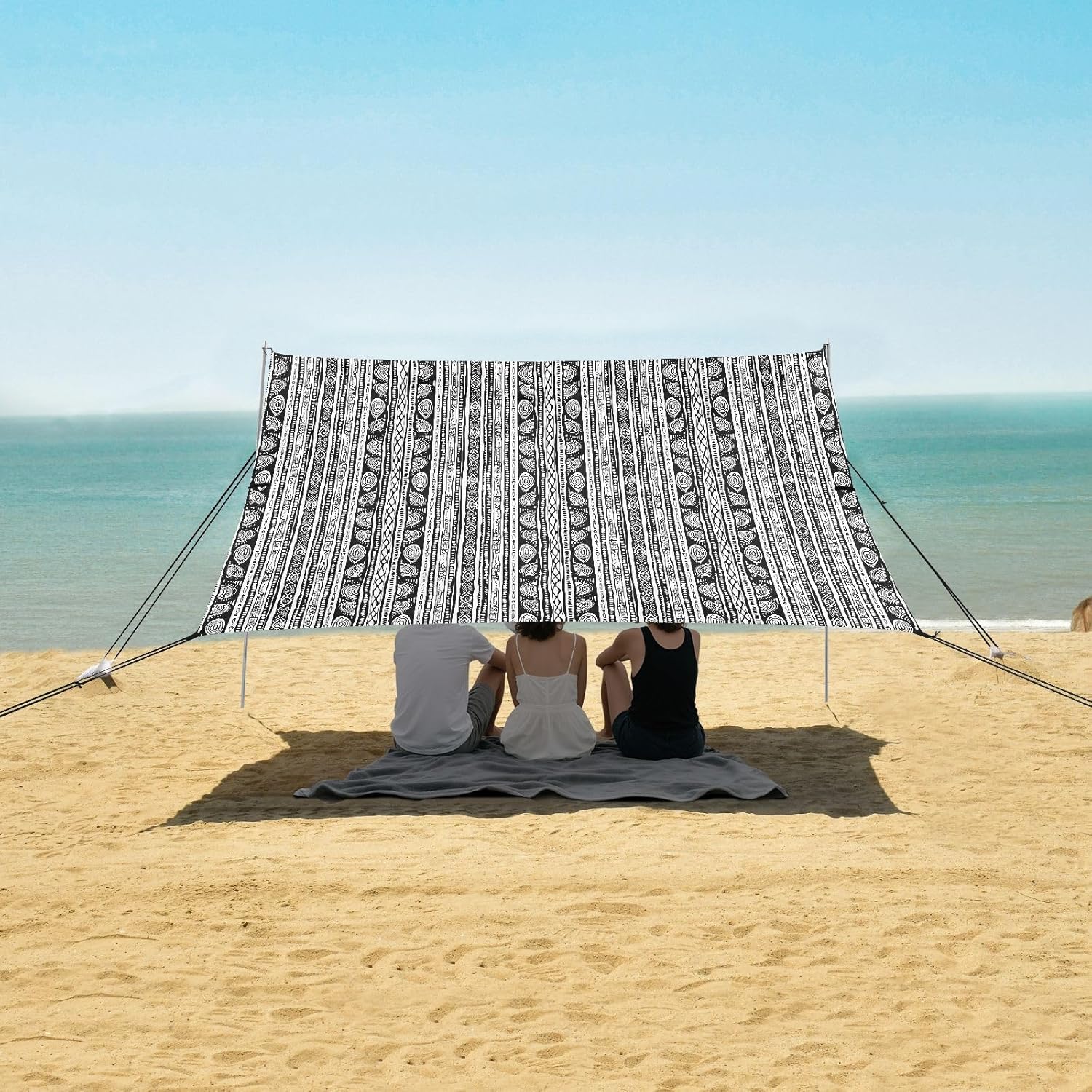 ALAZA Black Tribal Boho Beach Tent Sun Shelter UPF50+ Protection Beach Shade Canopy w/ 4 Sandbags for Outdoor Camping, Fishing, Backyard Fun, Picnic, 10x9 ft