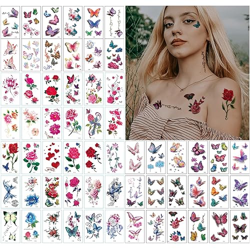 Miniatura 1 de 60 hojas de tatuajes temporales de flores para mujeres y niñas, calcomanías de tatuaje falsas de mariposa pequeña colorida rosa impermeable para