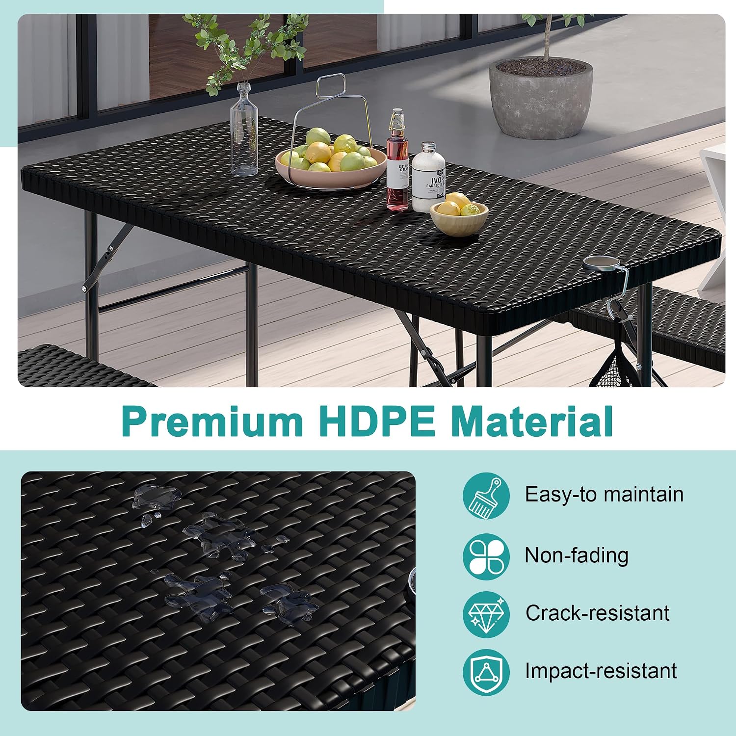 VECELO 3 Piece Folding Picnic Table with 2 Benches, 47.2" Faux Rattan Patio Set with Mesh Bag, Heat-Resistant & Waterproof, for Indoor Outdoor Use, Black