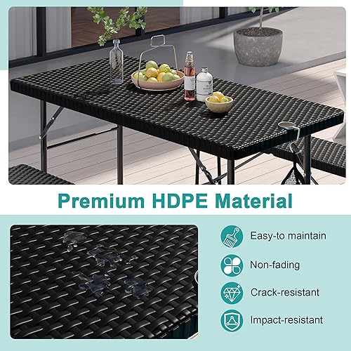 Miniatura 4 de VECELO Mesa de picnic plegable de 3 piezas con bancos, juego de patio de ratán sintético de 47.2 pulgadas con bolsa de malla, resistente al calor y