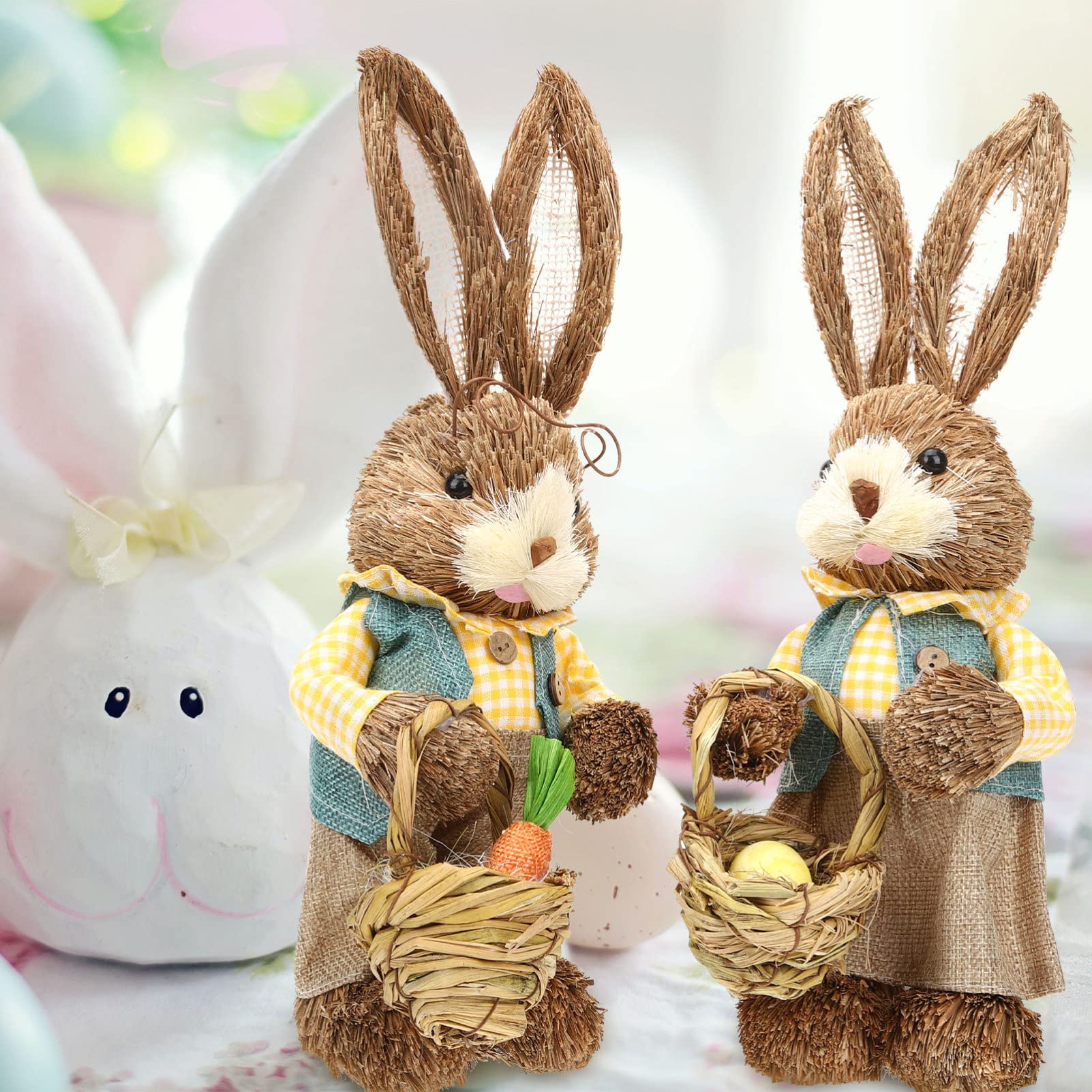 Didiseaon Coniglietti Pasquali di Paglia 2 Pezzi Decorazioni la Casa e Asilo Nido, Figurine a Forma di Coniglio 35cm, Realizzate a Mano in Paglia e Cotone, Decorazione Adorabile