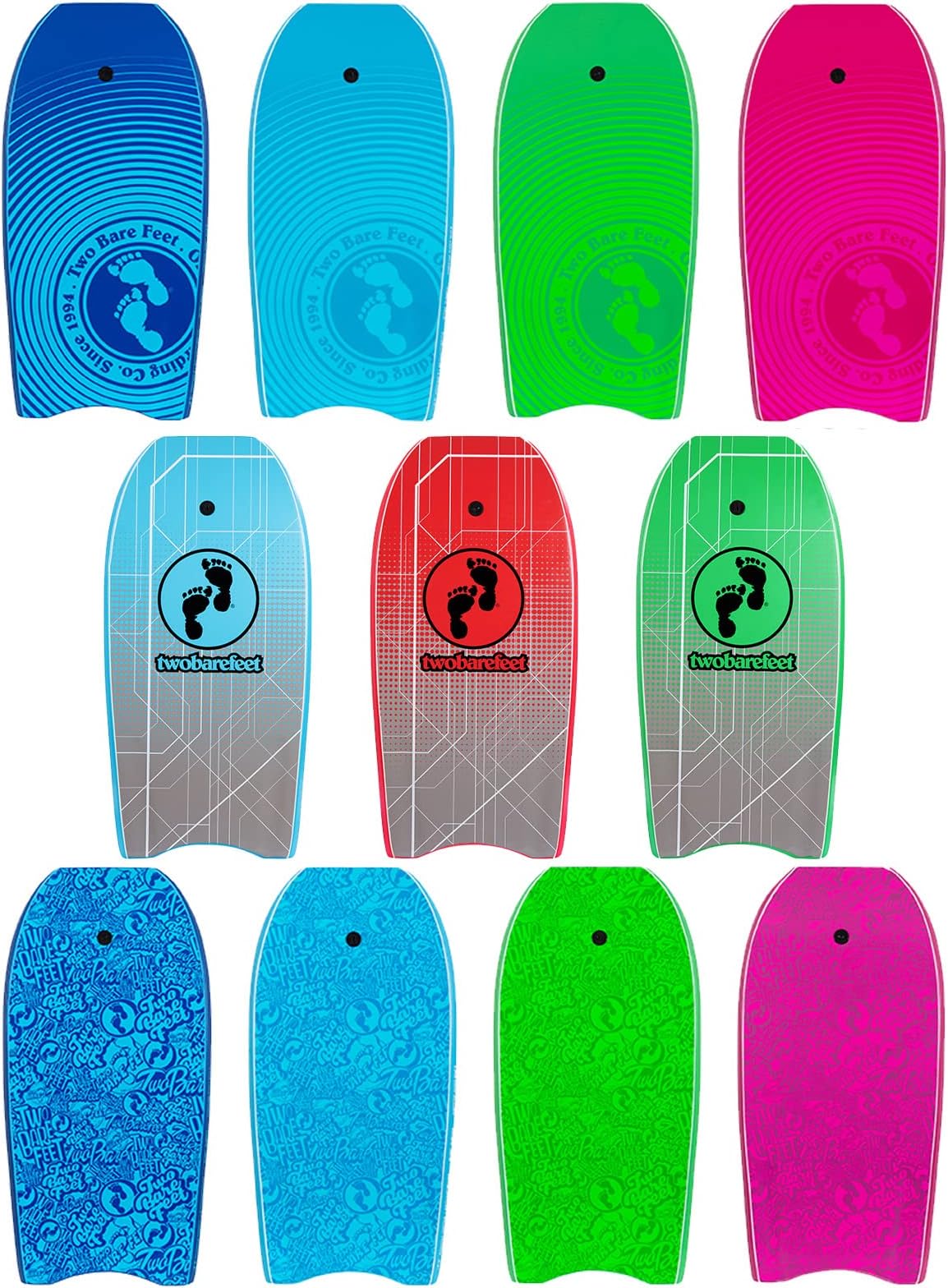 Two Bare Feet 44" Bodyboard with Leash - Adult's Boogie Board IXPE + EVA Core + Slick Bottom