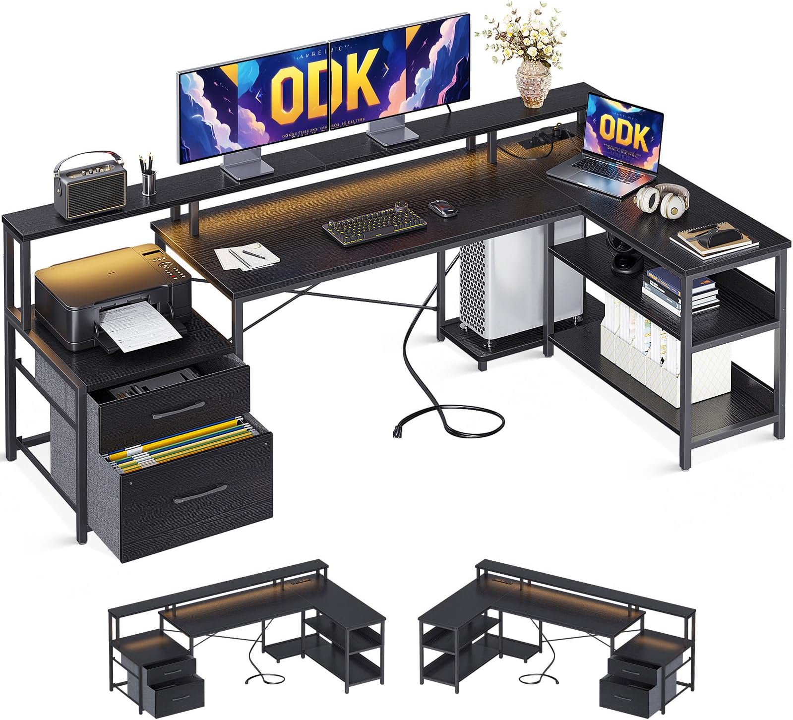 Scrivania Gaming Angolare A L ODK Con Supporto Monitor Integrato - 127x127 Cm, Design Bianco Fibra Di Carbonio, Porta Cuffie