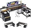 ODK desk with drawers Reversibel desk corner desk Large with LED desk L shape with socket strip black 189.3 × 100cm
