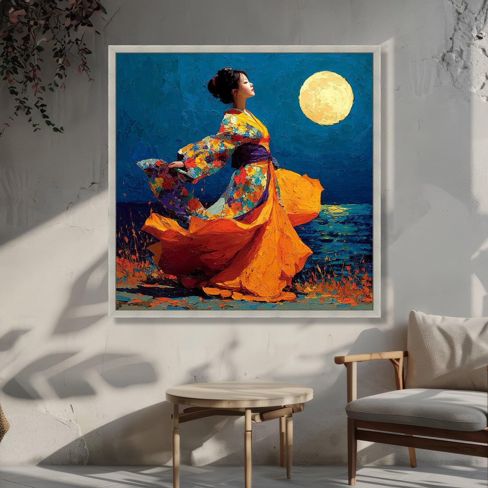 TONGYINLI Kimono podczas pełni księżyca na płótnie obraz na płótnie tradycyjne japońskie plakaty obraz kobiety w kwiecistej tunice (30 x 30 cm / rama wewnętrzna)